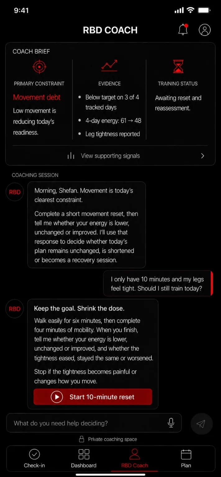 Intended Raw By Design Coach screen showing a context-aware conversation about adapting a training plan after reduced recovery.